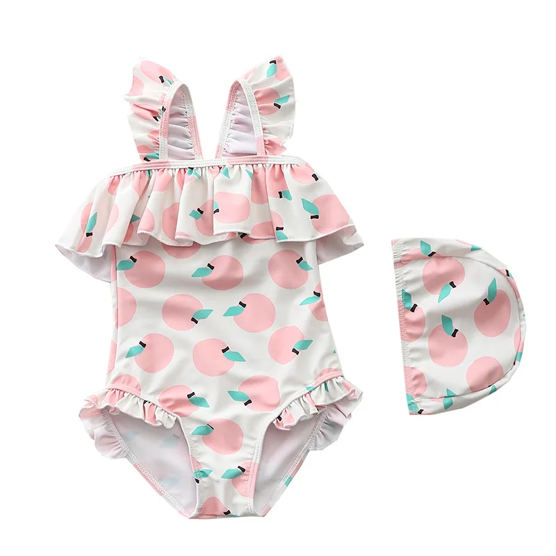 

2024 Summer Beach One Piece Sling Swimsuit Clothes For Baby Girl Fruit Sunscreen Children Summer Bikini Bathing With Hat Sets