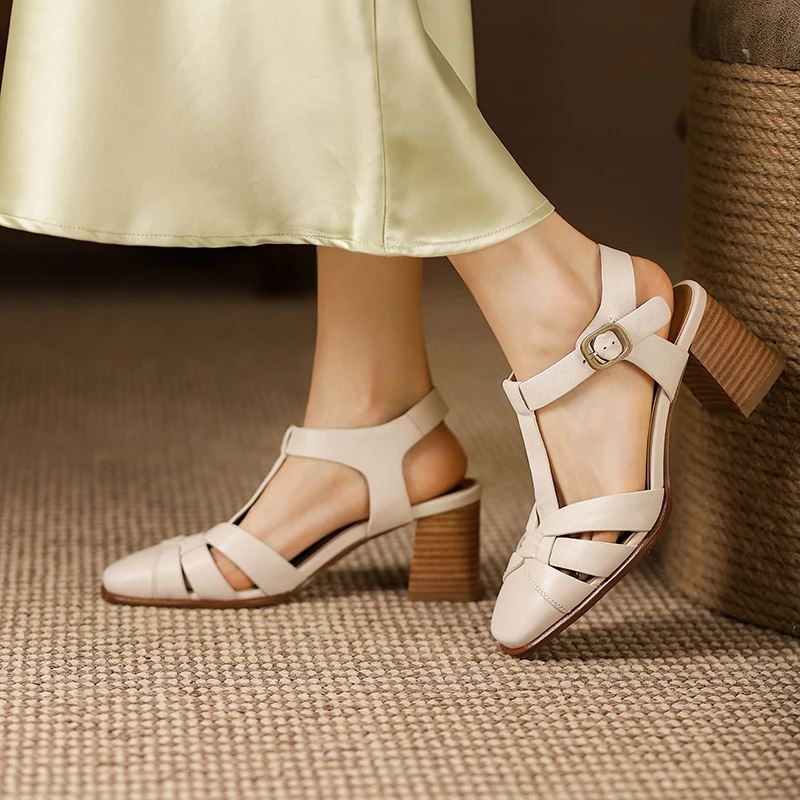 EAGSITY Cow Leather British style brown high heel sandals women ankle strap chunky heel slingback heel pumps retro andals