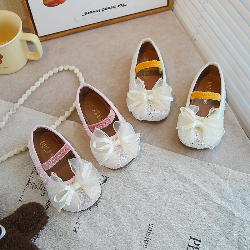 

Girls Glitter Princess Shoes Flats Chiffon Bow Toddler Kids Party Dress Shoes for Little Girl Size 21-30 Ballet Children's Shoes