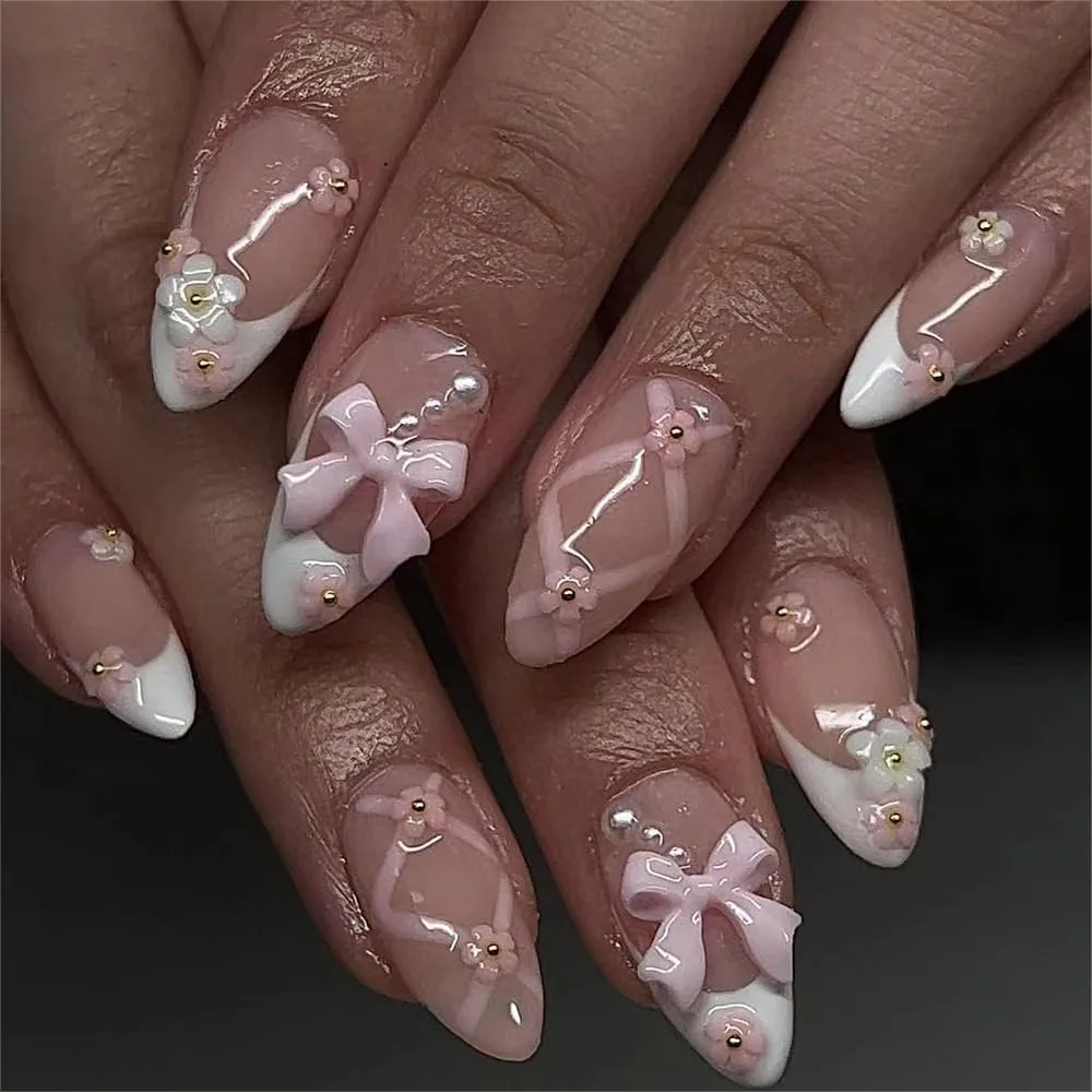 

24 Pcs Pink White French Bow Press on Nails, Almond Short Acrylic with 3D Plaid Floral Design, Reusable Glue-On for Fall