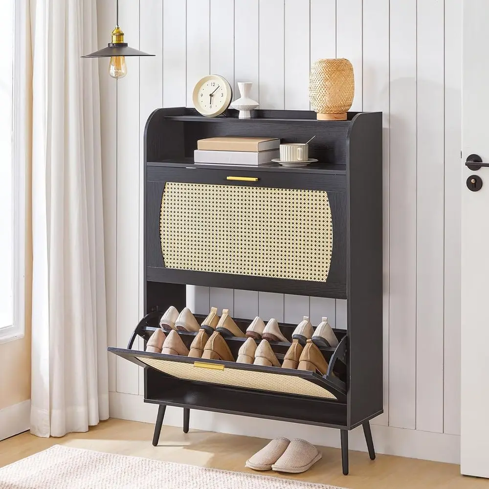 

Narrow Adjustable Shelf Shoe Storage Cabinet for Entryway, Living Room, or Hallway in Black
