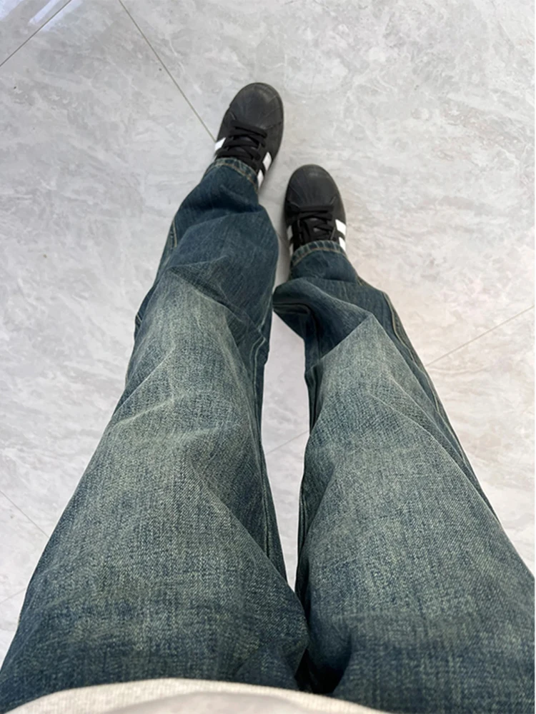 

Retro Straight Leg Blue Jeans Trendy Brand Men's High Waist American Vibe Casual Pants Loose Fit Long Trousers