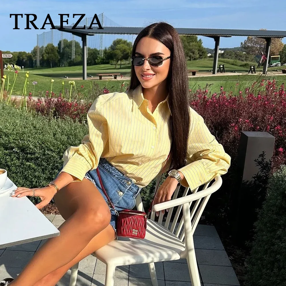 TRAFZA 2024 wiosna lato w stylu Casual, w paski koszule damskie moda w stylu Vintage skręcić w dół kołnierz pojedyncze piersi cienkie koszule damskie