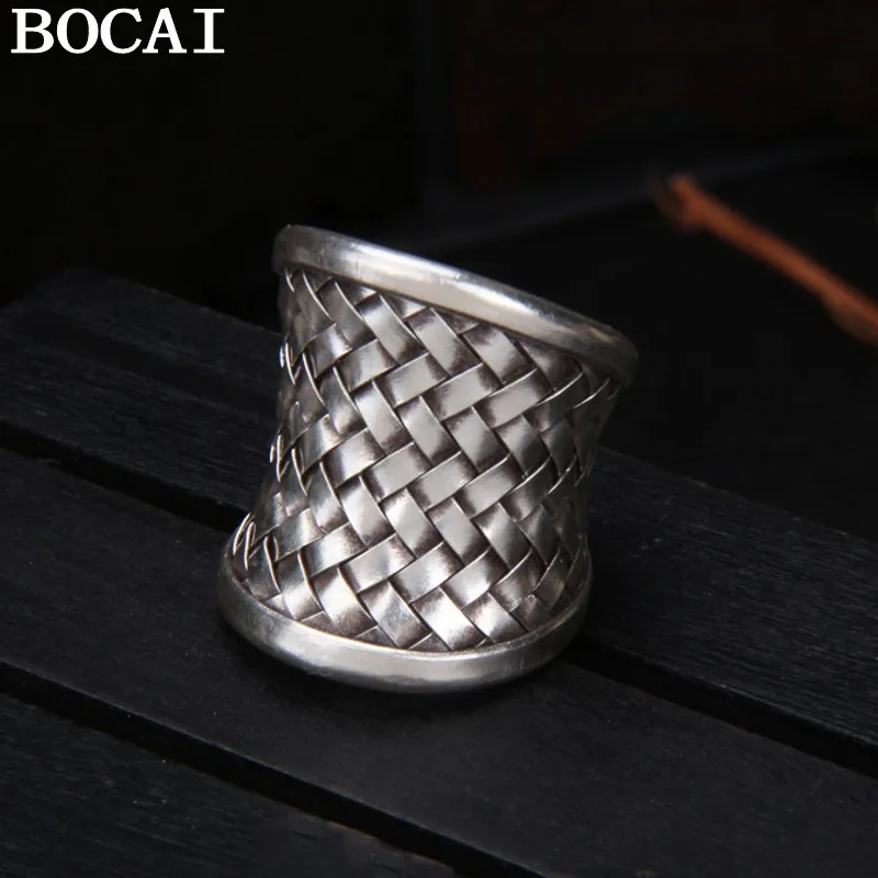 

BOCAI New S925 Sterling Silver Personality Wide Face Ethnic Style Luxury Knitting Rings Men And Women Gifts For Mom