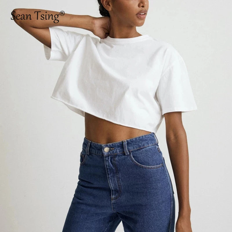 Sean Tsing® 100% Cotton T-shirts Women Short Sleeve Solid Color Basics Tees Oversized Casual Streetwear Outwear Summer Crop Tops