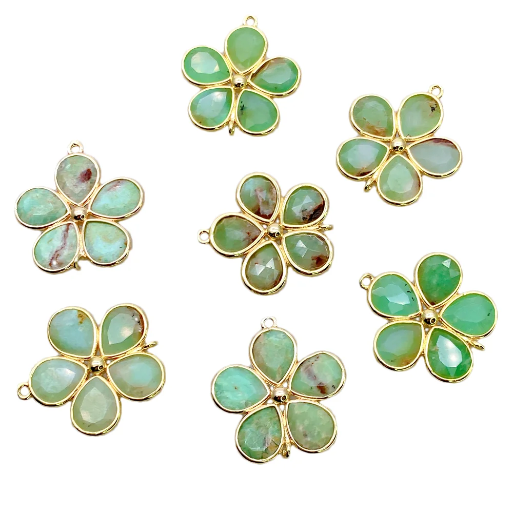 5 Pcs Natural Green Chrysoprase Flower Double Bails Beads Connector For Wedding Party Jewelry Making Women