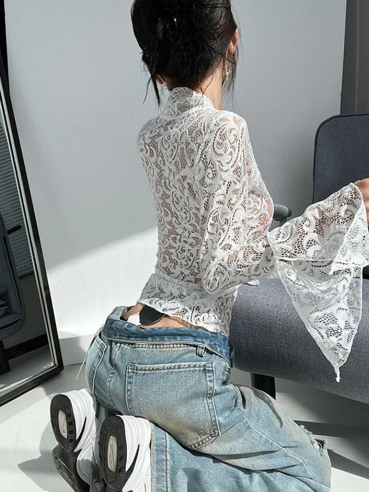 Y2k estética vintage rendas jacquard camisetas streetwear magro sexy oco para fora grunge tshirts harajuku branco bottoming colheita topos