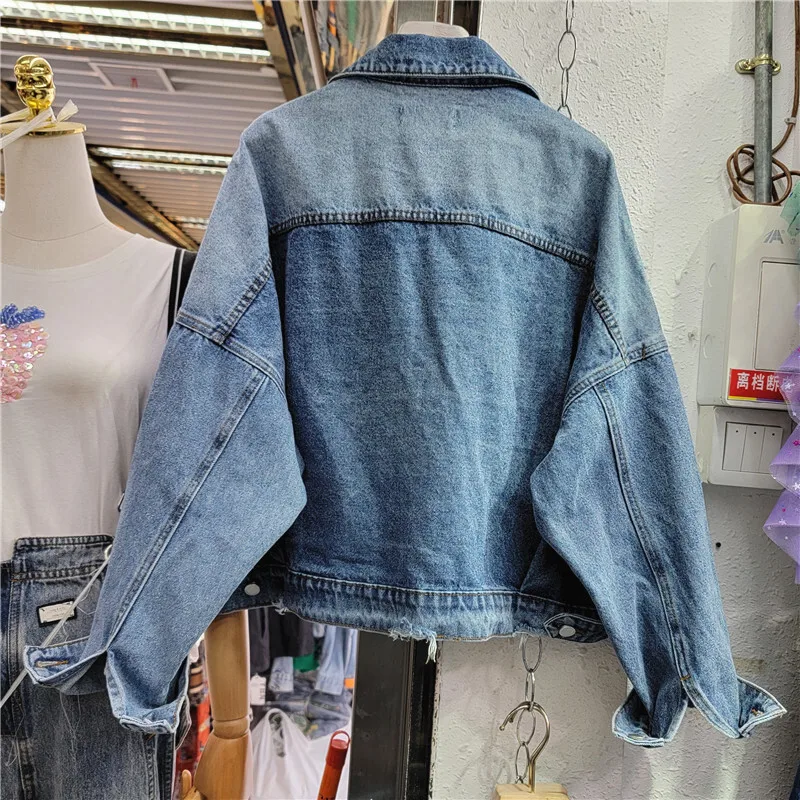 Vintage Beaded Single-breasted Frayed Blue Denim Jacket Light Blue Lapel Long Sleeve Spring Autumn Women Casual Cowboy Outwear