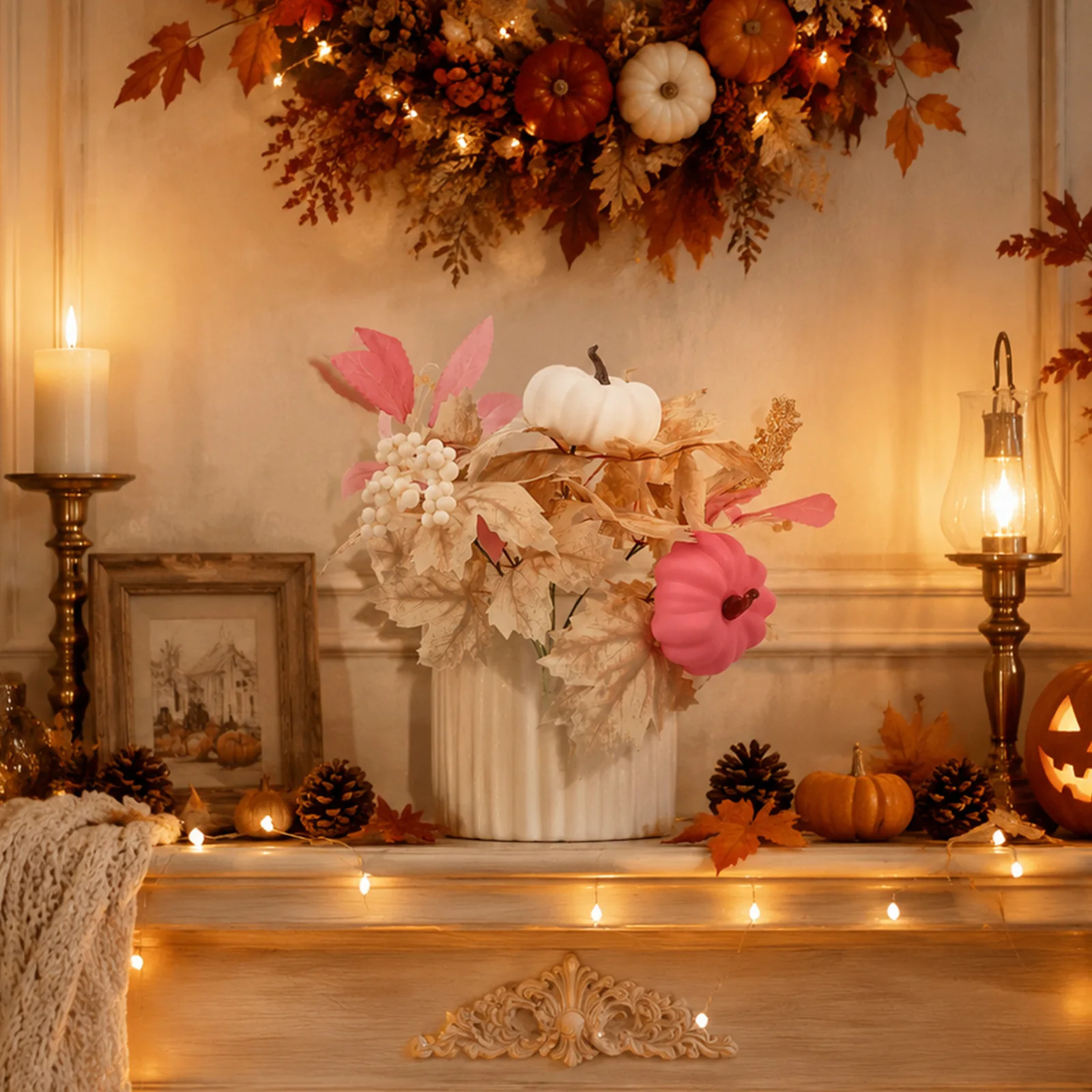 Matte Pink Pumpkin Floral Pick with Gradient Maple Leaves and Berries on Bendable Stem for Custom Autumn Arrangements