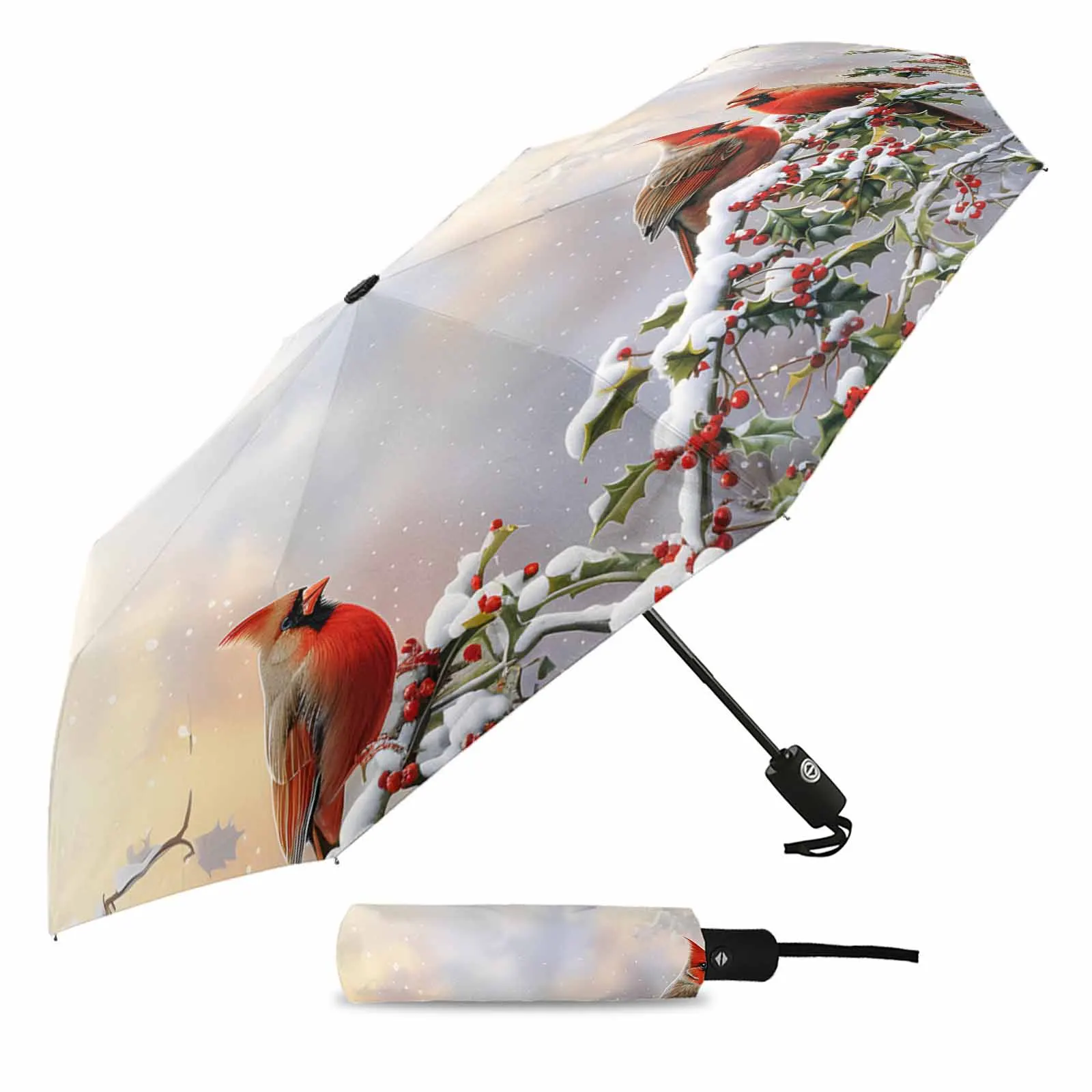 Winter Snowy Scenery Forest Cardinals Berries Fully-automatic Umbrella for Outdoor Adults Foldable Eight Strand Umbrella