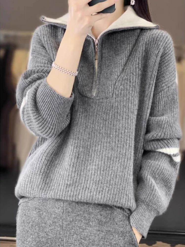

Women's Long Sve Knitted Sweater f Zipper Splice Design Autumn Winter Casual Faion Commute Sle plus Size Inner Wear