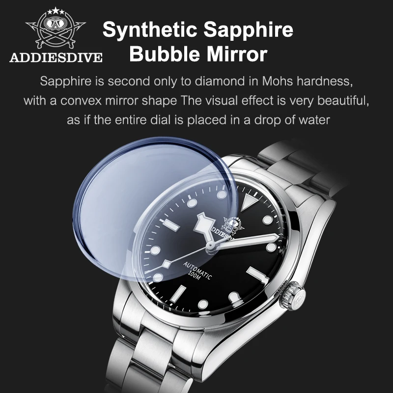 Addiesdive Men\'s Watch Bubble Mirror Pot Cover Glass NH35A Automatic Mechanical Sapphire Blue Luminous Waterproof Diving Watch