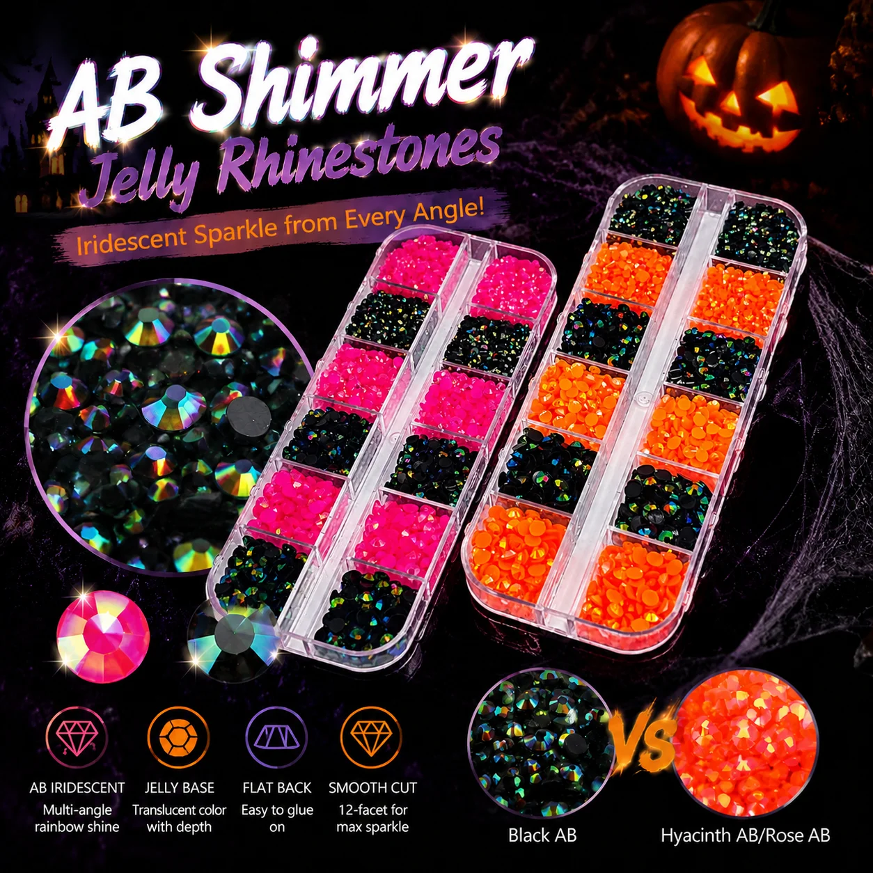 Halloween DIY Resin Jelly AB Rhinestones 6000pcs 2-4mm Mixed Sizes 12 Grid Box for Nail Art Clothing Craft Decor