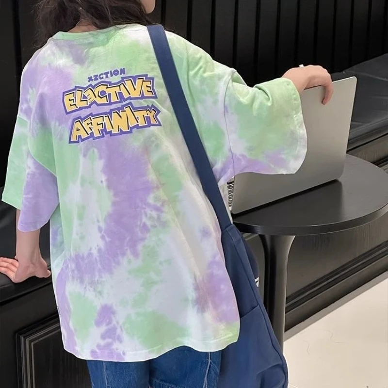 Girls Tie Dye T-Shirt 100% Cotton Short Sleeve Top Loose Casual Tee for Big Kids Summer Fashion Clothes for Girls New Arrival