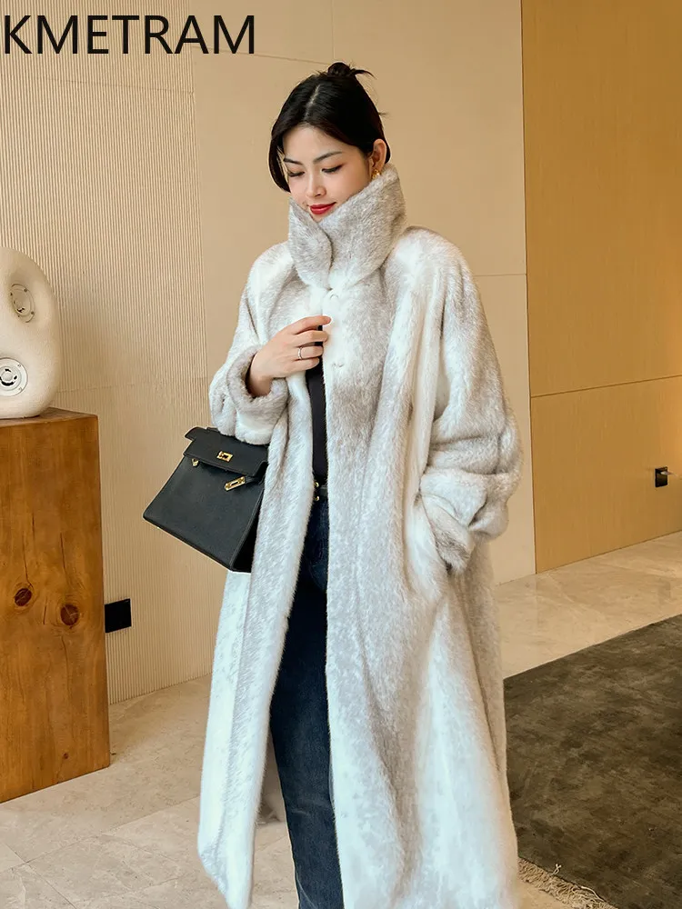 KMETRAM 100%天然ミンク毛皮ジャケット 女性用 最高品質 ラペル付き ロングリアルミンクファーコート 冬用婦人服 2026 шуба