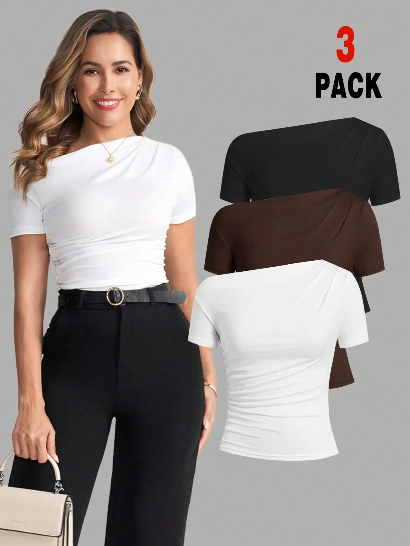 

Women's 3-Pack Asymmetric Neck Ruched T-Shirt, Short Sleeve Casual Top for Summer