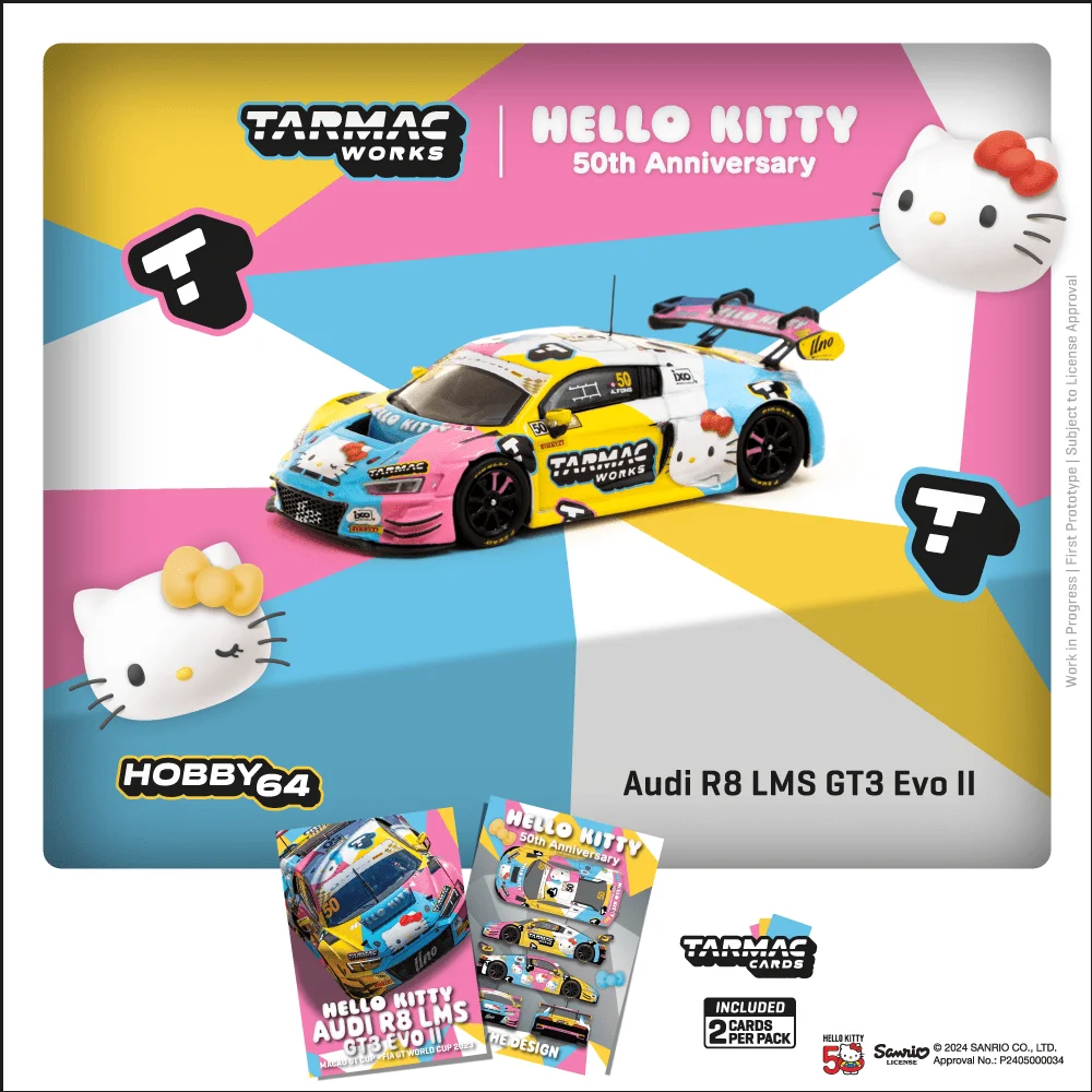 TW In Stock 1:64 Audi R8 LMS GT EVO II Macau Cup Hello Kitty Sanrio Diecast Car Model Collection Miniature Toys Tarmac Works