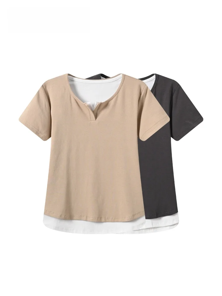 

plus Size Women's Short Sleeve T-Shirt round Neck Splice Slimming Summer Fashionable Top for Plump Sister Straight Cut Polyes...