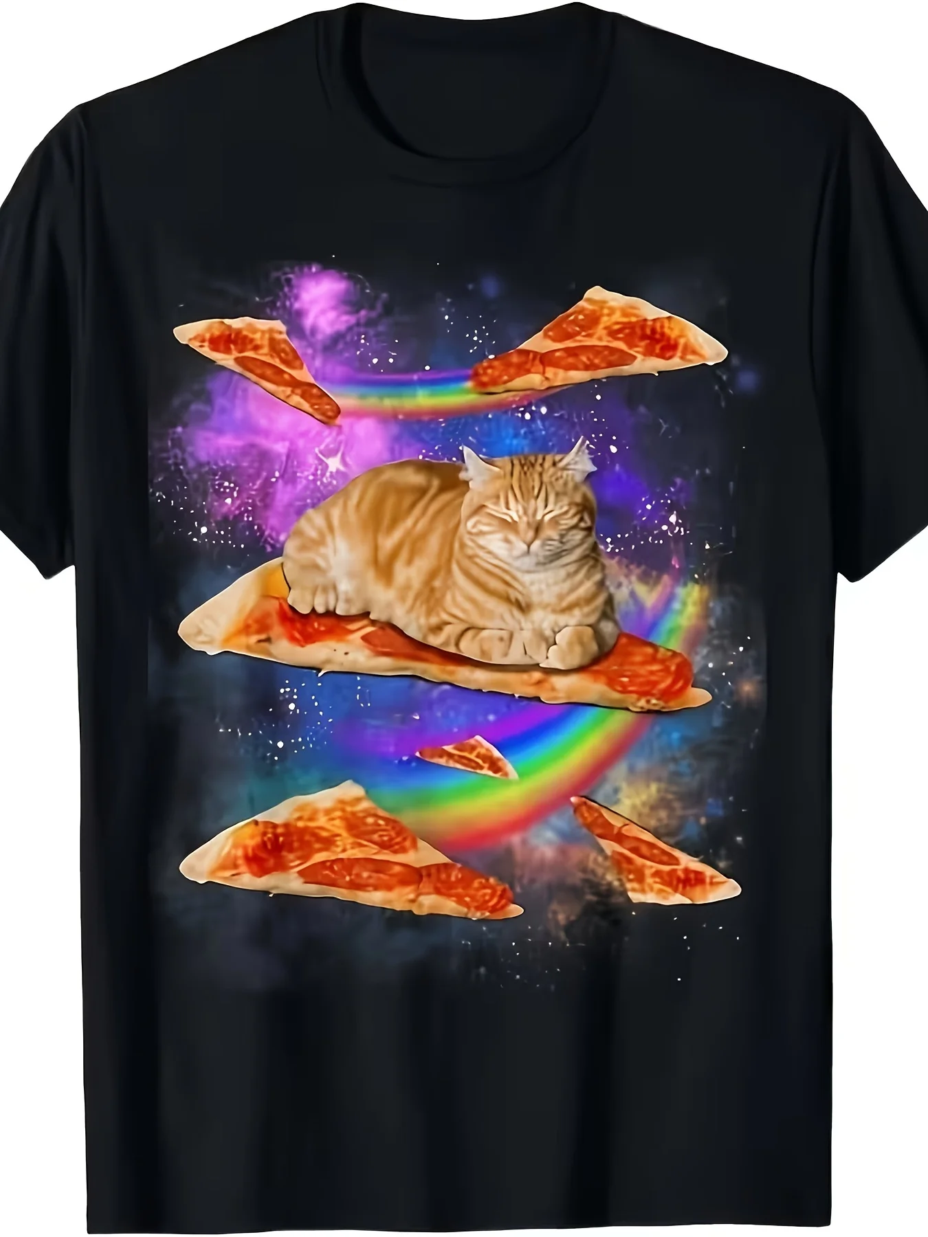 Camiseta Gráfica Divertida para Hombre con Diseño de Gato Espacial Montando una Pizza, Camiseta Negra con Gato Naranja y Pizza de Pepperoni Picante, para Todas las Temporadas