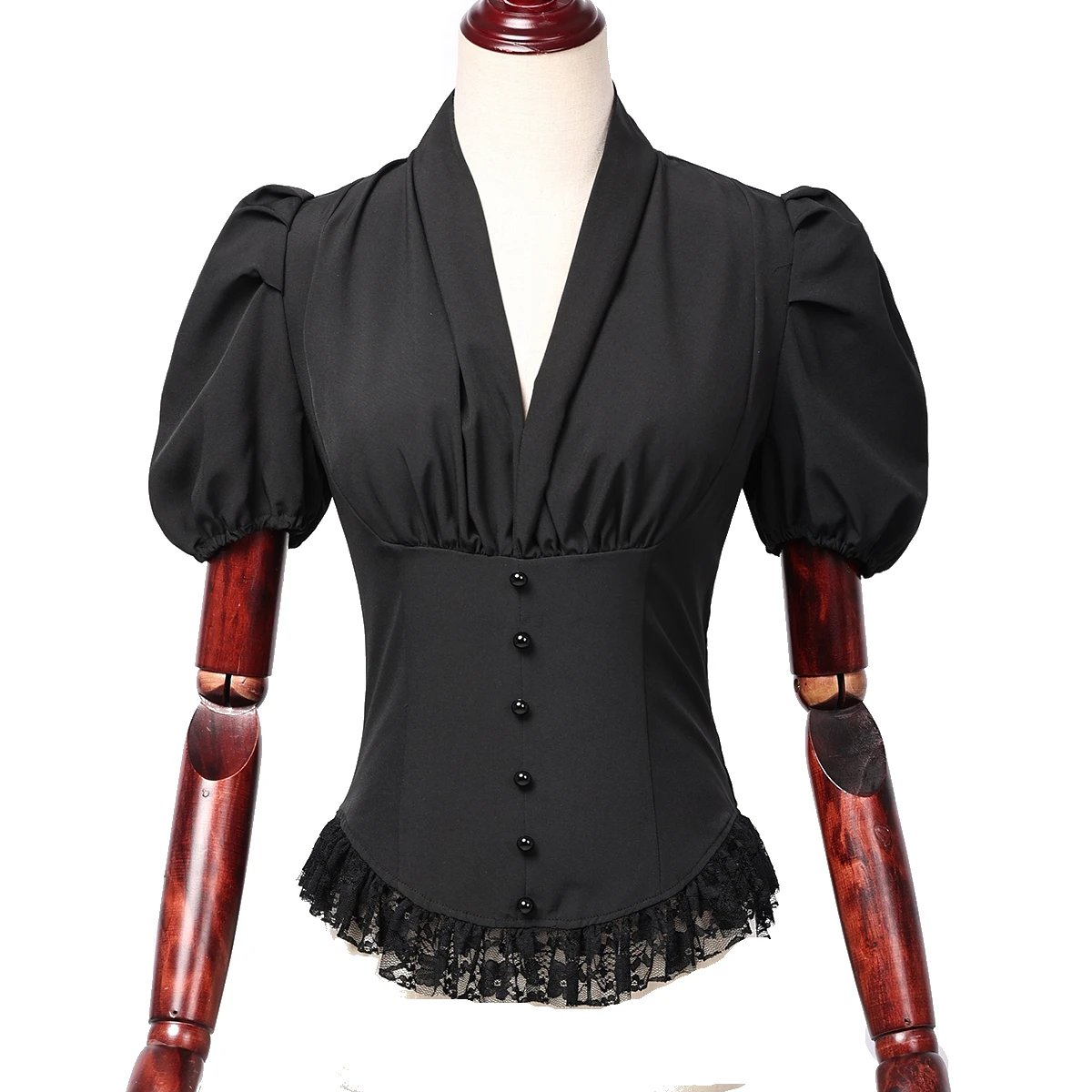 Vintage Victorian Blouse for Women Short Sleeve V Neck Lace Chiffon Slim Corset Shirt Tops