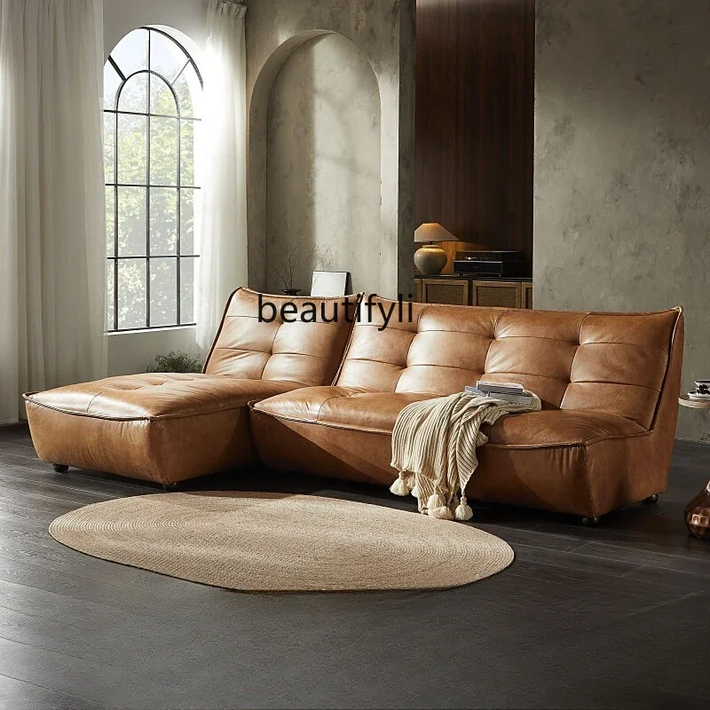 Nordic modern simple retro oil wax leather living room leather three-person corner sofa combinationAA