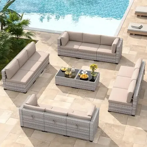 12-Seat Modular Patio Furniture Set – Outdoor Wicker Sectional Sofa with Thick 4″ Cushions, Dual-Strand PE Rattan