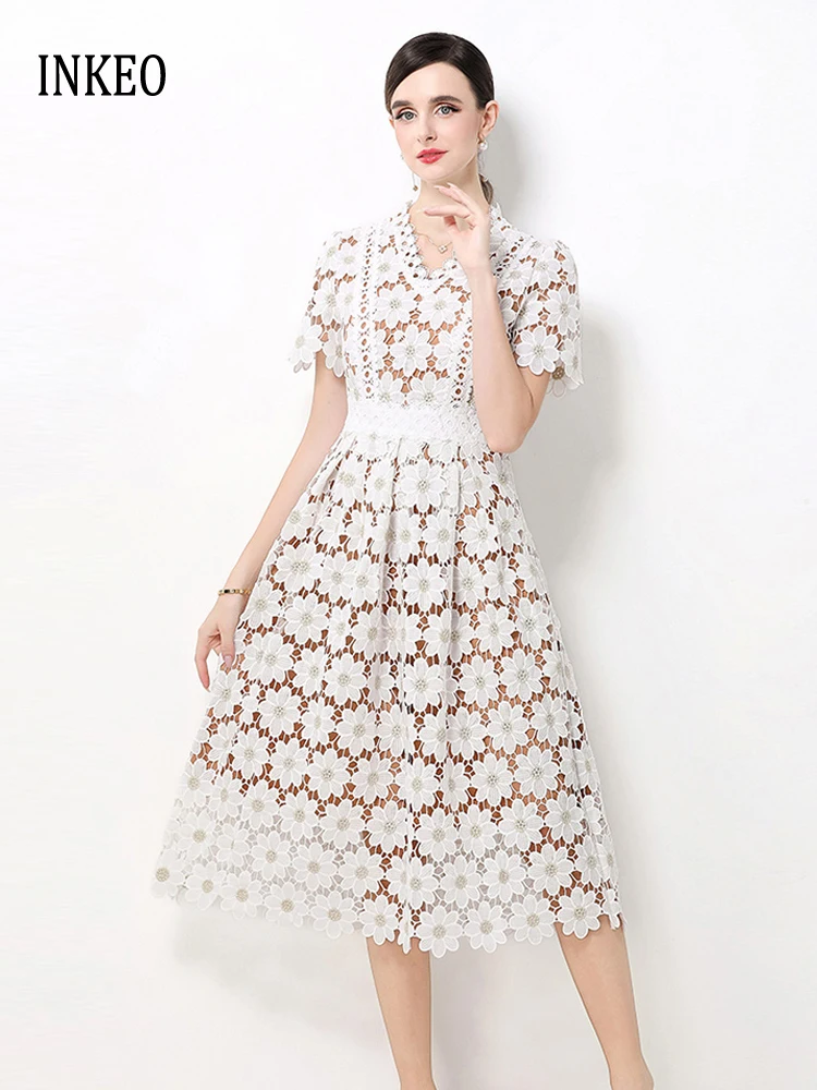 

Элегантное женское кружевное платье с v-образным вырезом и вышивкой, лето 2026, роскошные платья миди с короткими рукавами, тонкие плиссированные платья, сексуальное INKEO 5D265