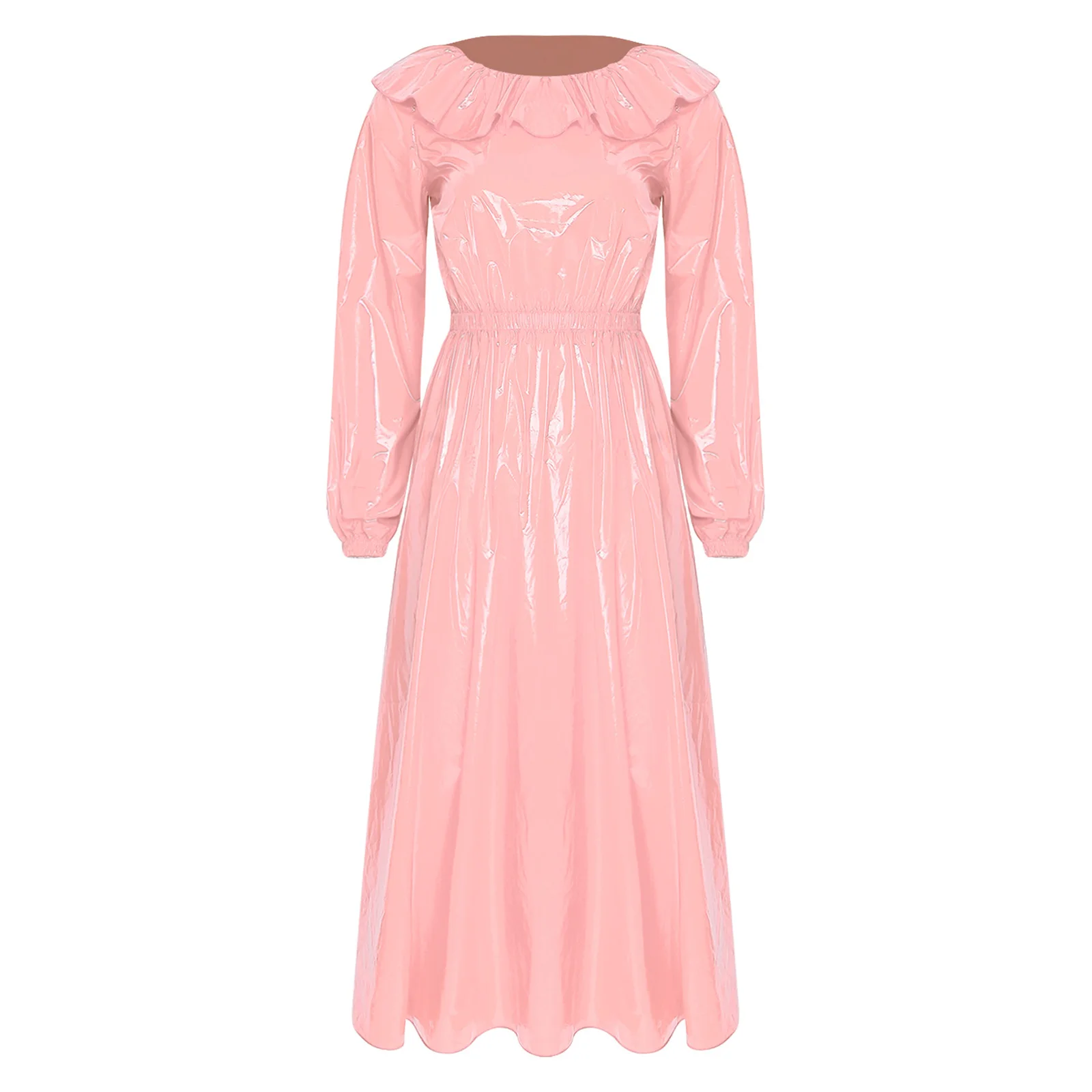 Wasserdichtes Vinyl-Kleid für Damen mit Rundhalsausschnitt, Rüschenbesatz, langen Ärmeln, Taillenbund und ausgestelltem Saum, Midi-Kleid für Clubwear und Rave-Partys