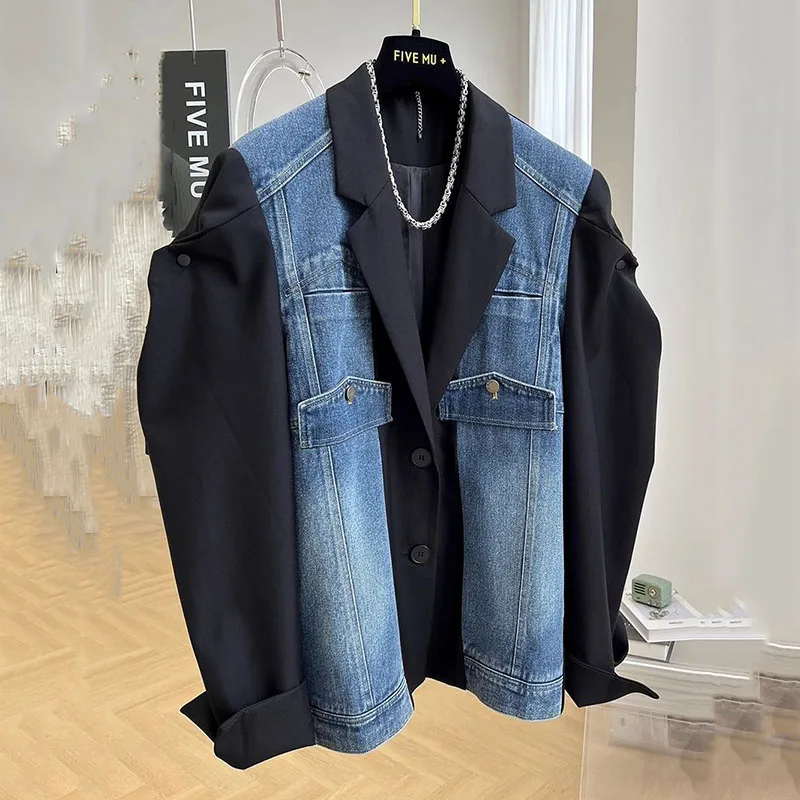 2024 New Fashion Spring Autumn Denim Splicing Blazer Women\'s Korean Long Sleeve Casual Elegant Ladies Suit Female Outerwear Tops