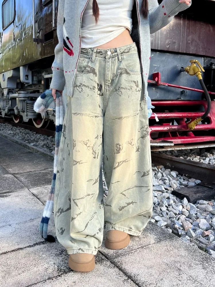 Y2K 커브드 나이프 진 여성용 아메리칸 레트로 그래피티 디스트레스드 워시드 와이드 레그 루즈 플로어 팬츠