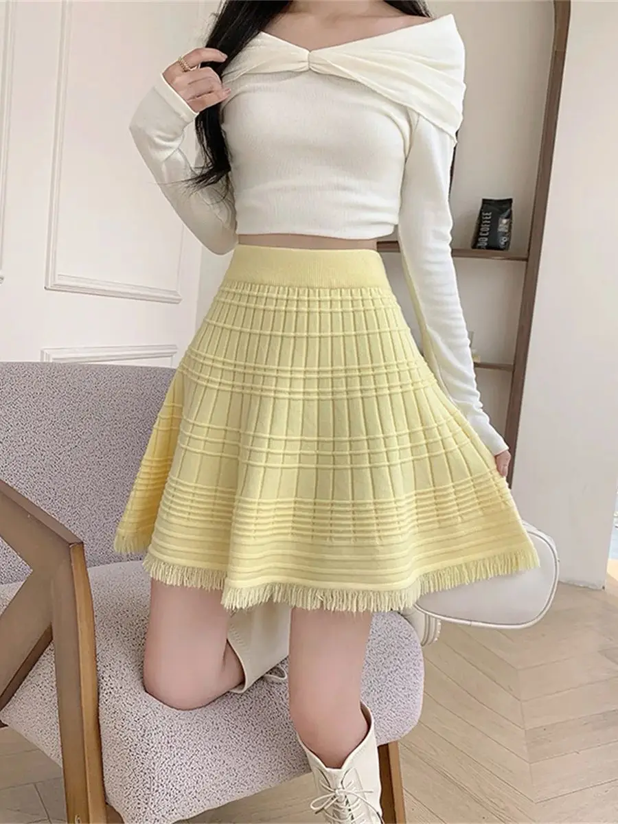 

Женская вязаная юбка с бахромой, осень-зима 2021, новое поступление, плиссированная короткая юбка трапециевидной формы с высокой талией