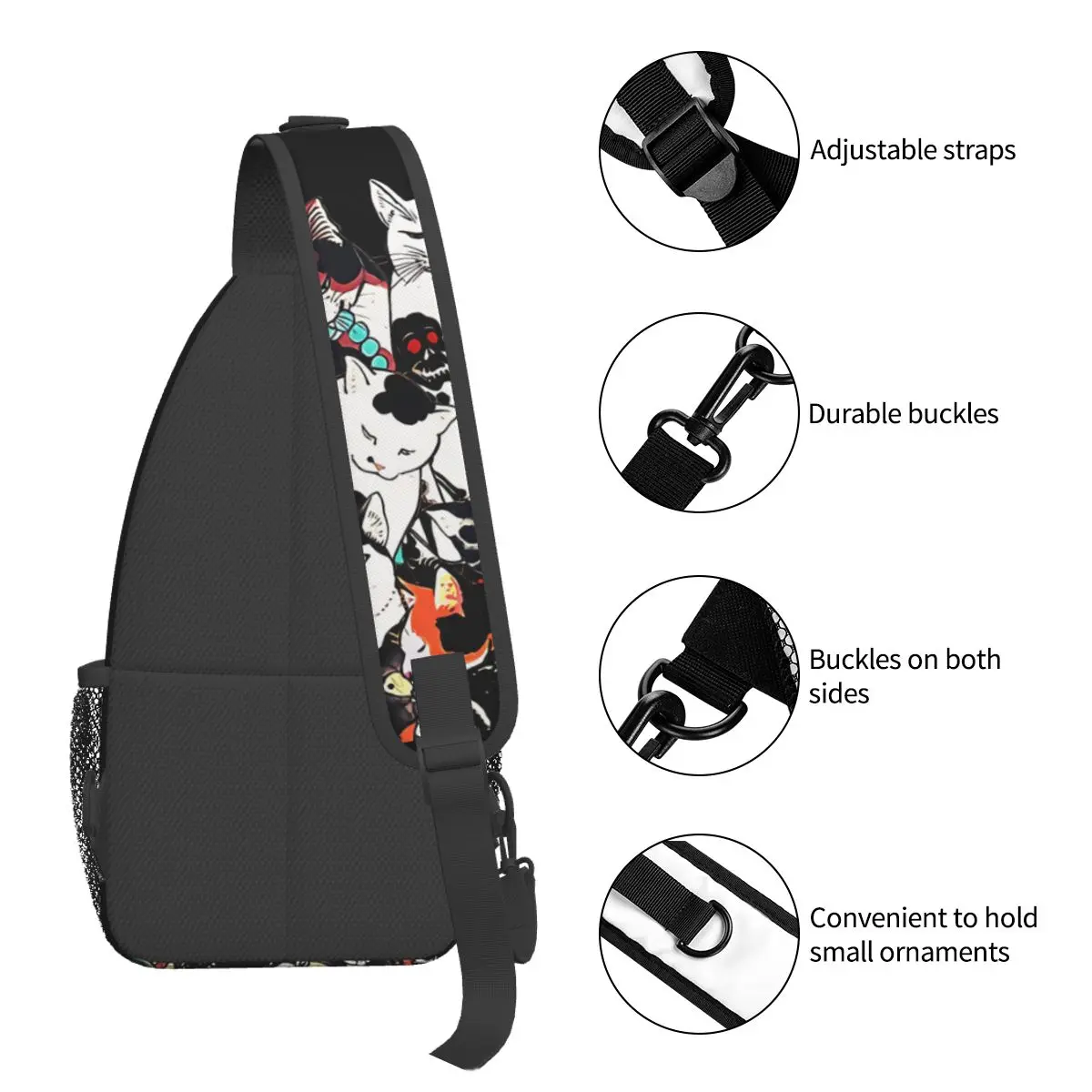 Impressões japonesas Xilogravura Gatos Tatuagens Crossbody Peito Sacos Arte Tatuagem Bolsos Travel Pack Mensageiro Esportes Adolescentes Bolsa de Ombro