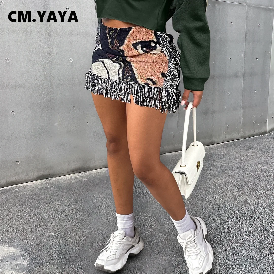 

2024 Spring Casual Fashion Pattern Tassel Mini Short Skirt Slim Print Street Female INS Classic Women’s Skirts