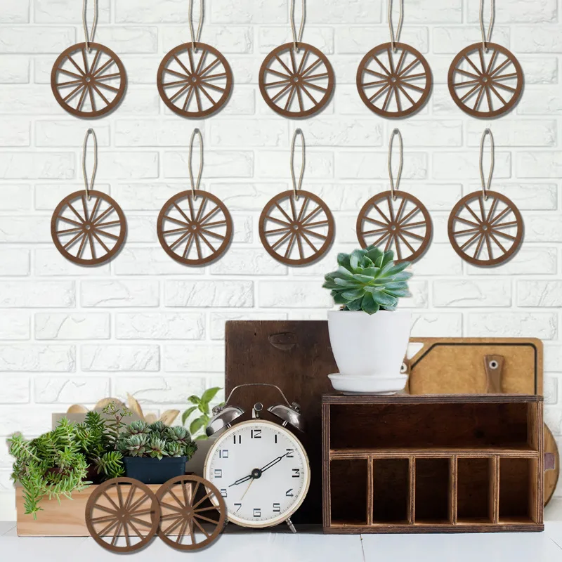 12Pcs Wagon Wheel Decor legno Western Cowboy Party Decorations Vintage Rustic Wagon Wheel Wood Cartwheel Decor per Bar Garage