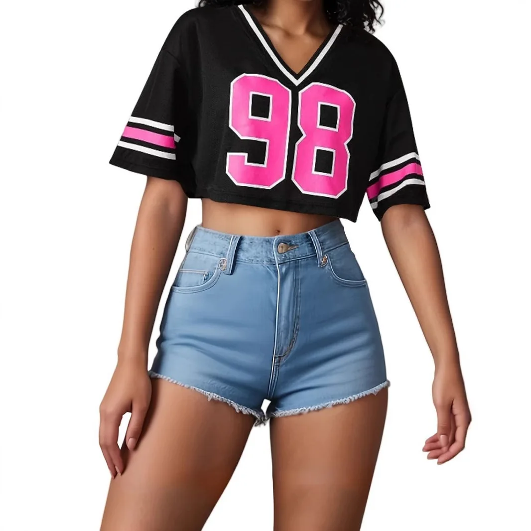 

Women's American High Street Casual Sports T-Shirts Baseball Collar Color Block Short/Long Sleeve Tees Summer Loose Printed