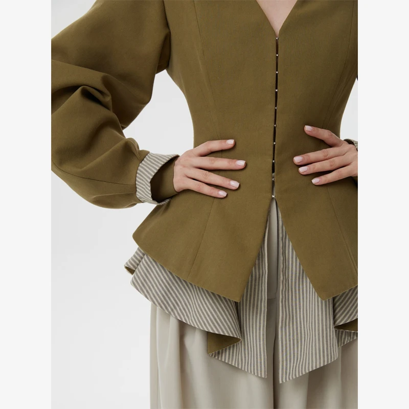 Olive Stand Collar Cutout Puff Sleeve Asymmetrical Hem Fitted Outerwear 2026 Spring Autumn Vintage Street Slim Women's Jackets
