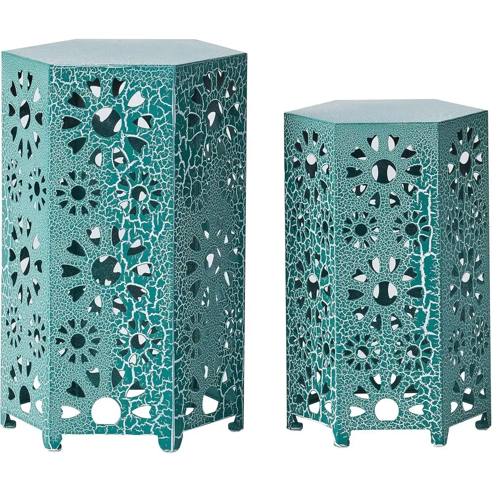 

Набор из 12 и 14 уличных железных приставных столиков Sunburst с отделкой Crackle Teal