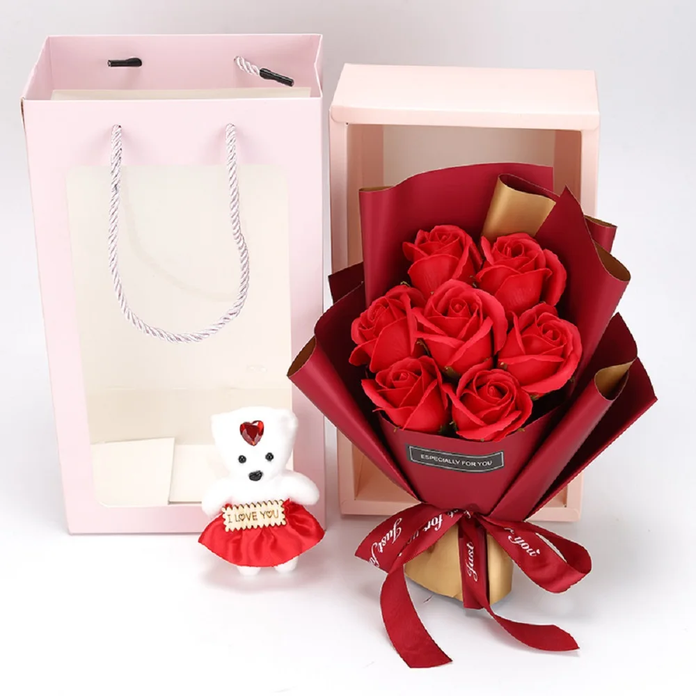 7 Artificial Flower bundle Mother\'s Day Soap Rose Bouquet With Bear Gift Box Creative Birthday Party Gift For Girlfriend and Mom