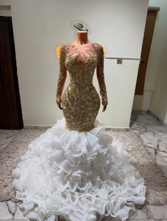 Luxury African Mermaid Wedding Dresses Diamond Crystal long Sleeve Ruffles long train nigerian bridal gown outfit customizedC