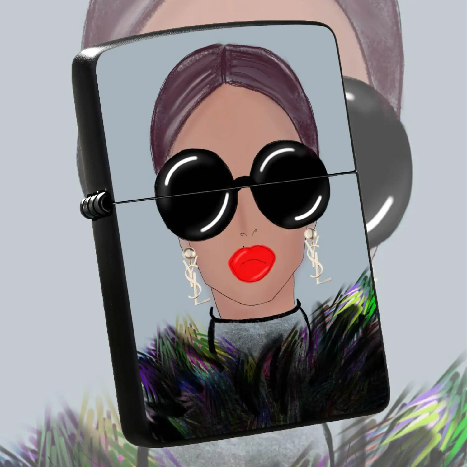 Trendy Stylish Lady Pattern Lighter, Chic Oversized Sunglasses Bright Red Lips Art Print, Exquisite Luxury Logo Earring Design, Portable Fashion Accessory For Daily Use, Ideal Unique Gift For Friends And  A Humorous And Interesting Lighter