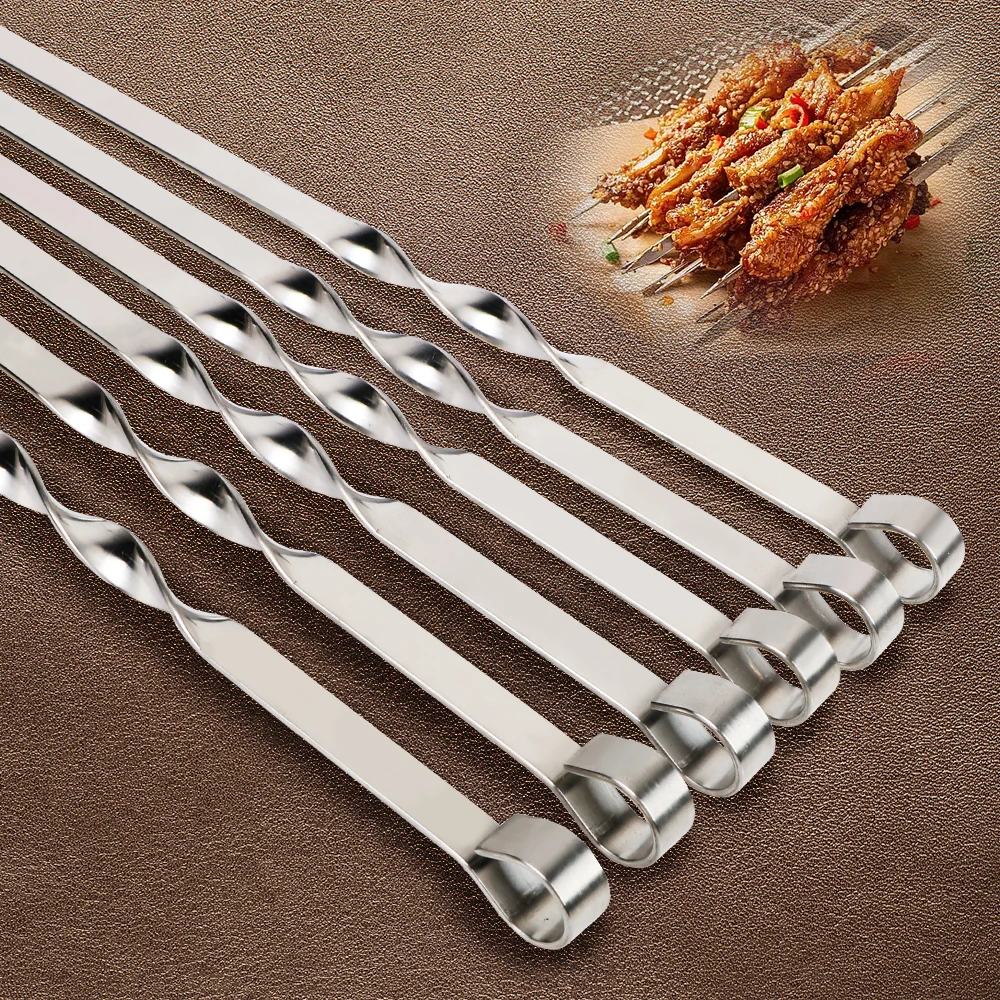 Flat BBQ Fork BBQ Utensil Outdoor Camping Picnic Wide BBQ Sticks 6Pcs Stainless Steel Barbecue Skewer Reusable Grill Sticks