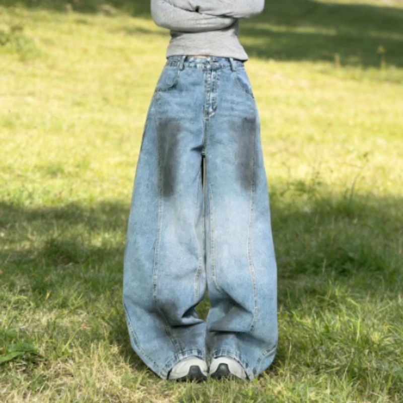 Plus Size Women's American Retro Distressed Graffiti Curved Denim Jeans 2025 Autumn Loose Fit Droopy Wide Leg Trousers