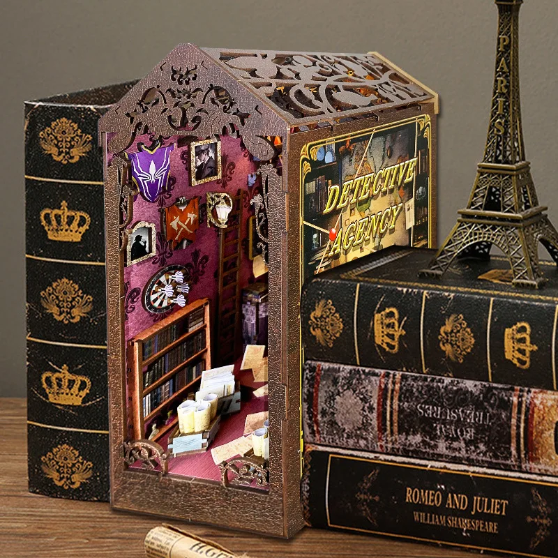 

DIY Wooden Book Nook Shelf Insert Kits Miniature Building Kit Chrono Detective Bookends Bookshelf Dollhouse for Friends Gifts