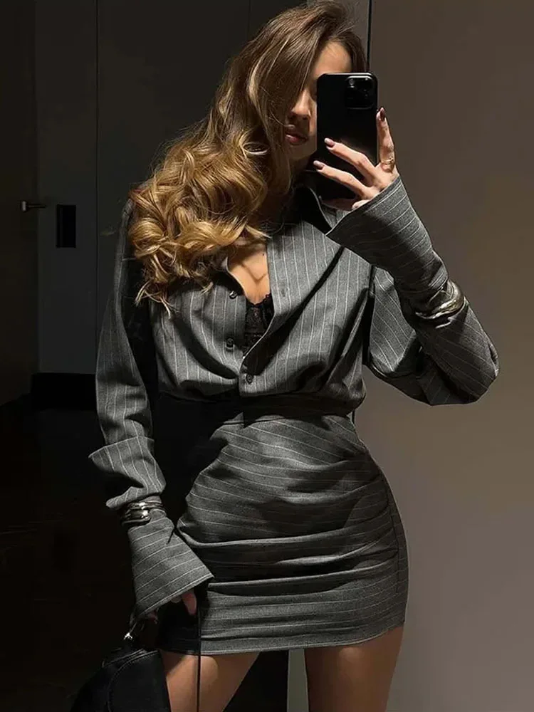 MCDV Elegant Striped Tops Skirts Set Women's Loose Lapel Single Breasted Shirt Slim Ruched Mini Skirt Female Chic Party Outfits