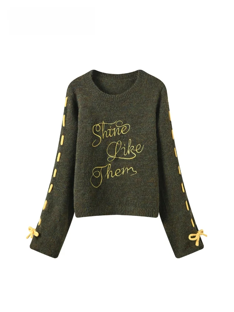 

Женская вязаная кофта больших размеров с длинным рукавом, круглым вырезом, вышивкой, винтажный стиль, повседневная одежда, полиэстер, весенний сезон