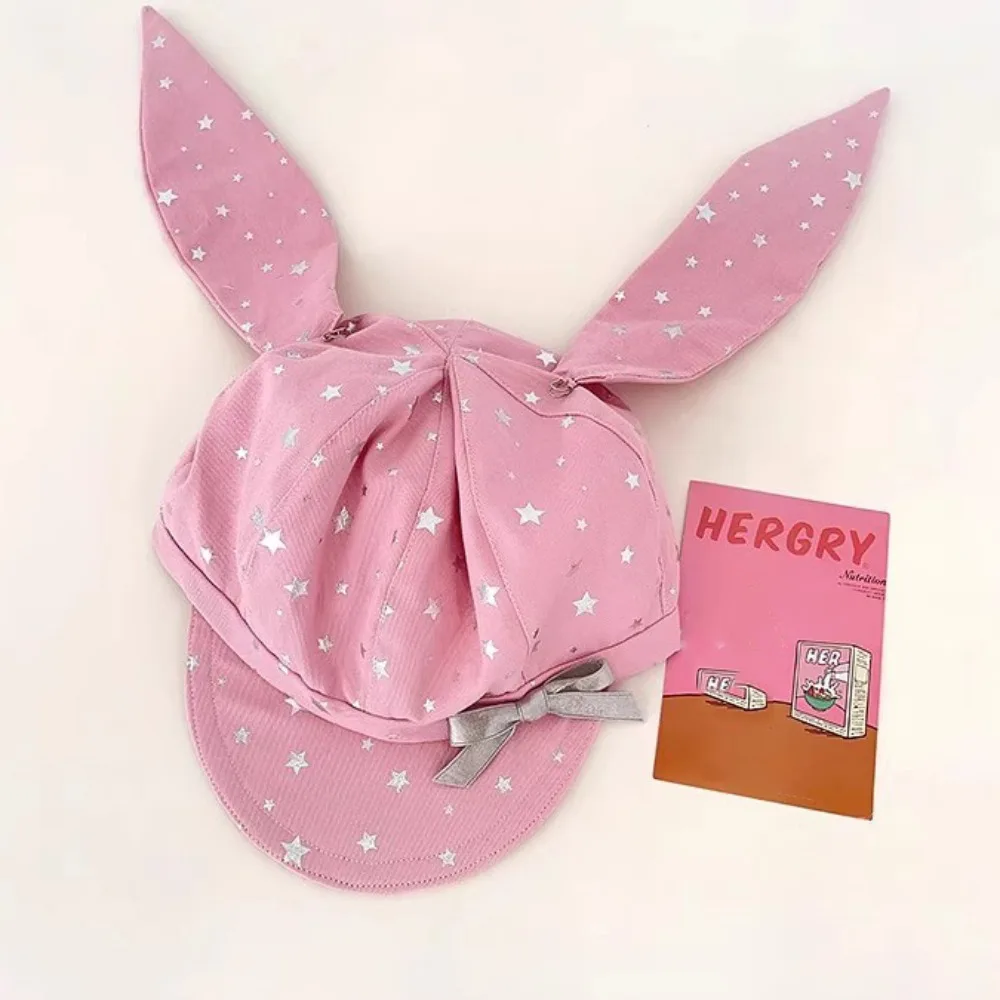 Fashion Cotton Silver Star Bowknot Cap Y2K Sunscreen Detachable Rabbit Ears Hat Punk Peaked Bunny Ears Berets Cap Men