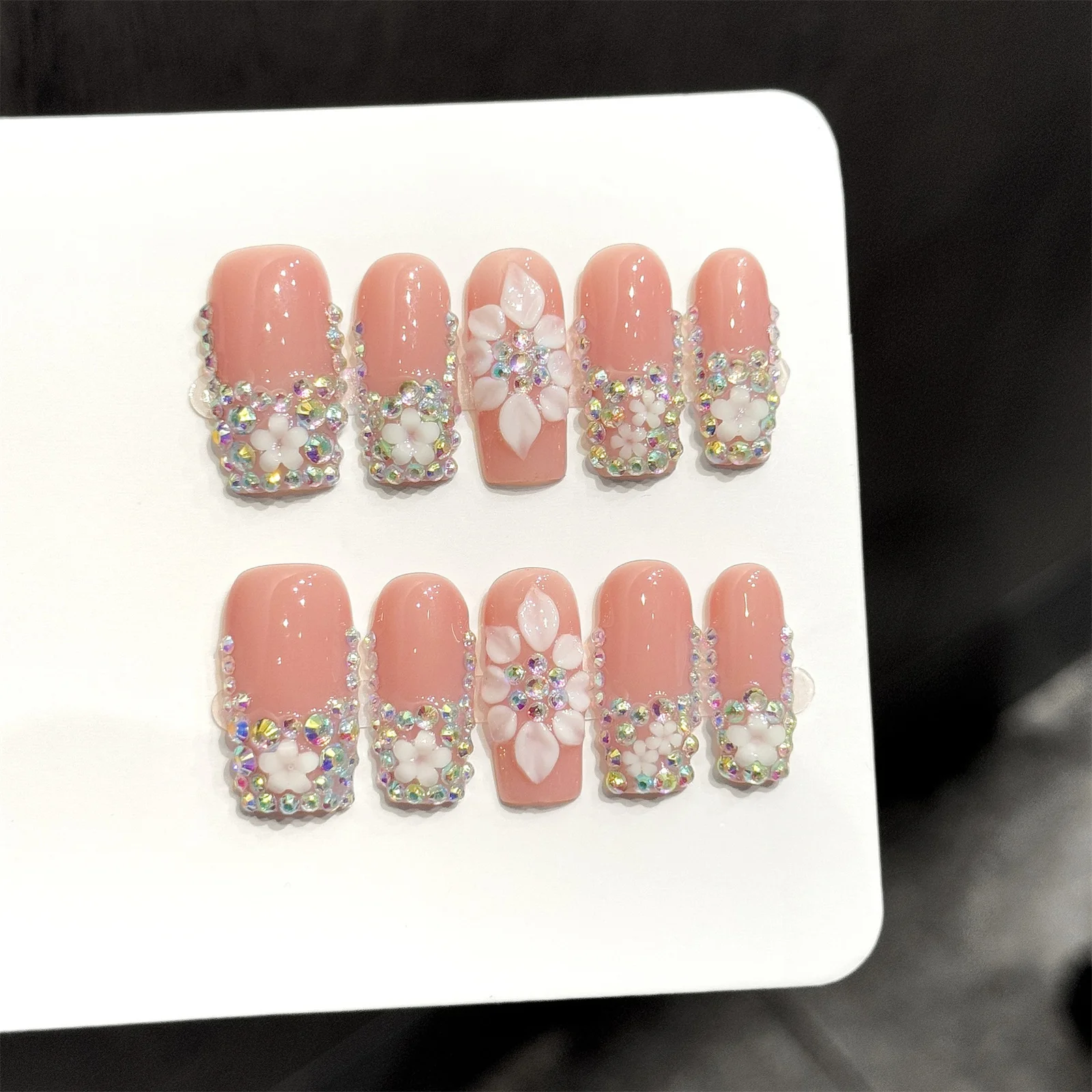 

10 шт. Накладные ногти ручной работы с 3D-цветами, полностью инкрустированные стразами, французский стиль, весенние квадратные накладные ногти