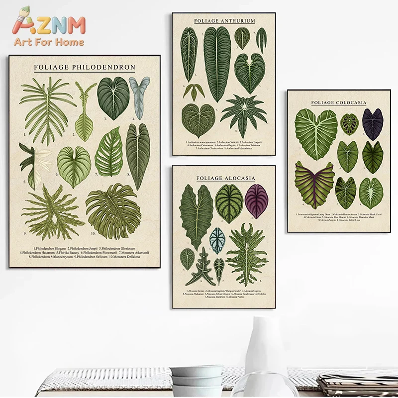 AZNM - Arte de pared en lienzo con follaje de plantas tropicales, estampado botánico de Philodendron Anthurium Alocasia Colocasia, decoración del hogar de estilo vintage