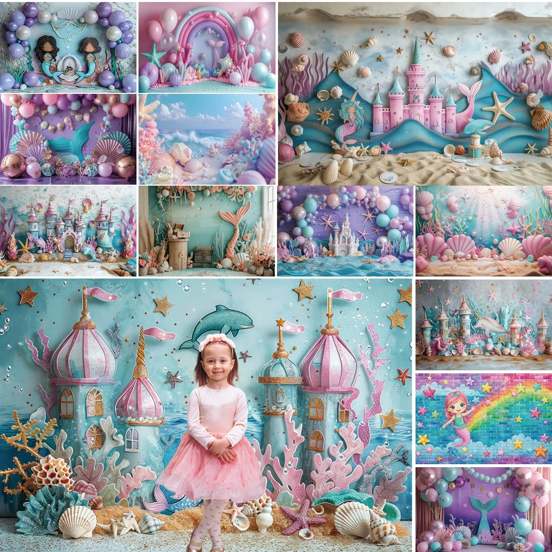 

MOON.QG Baby Newborn Birthday Photo Background Coral Reefs Sea Mermaid Fantasy Backdrops For Photography Decorations Photozone