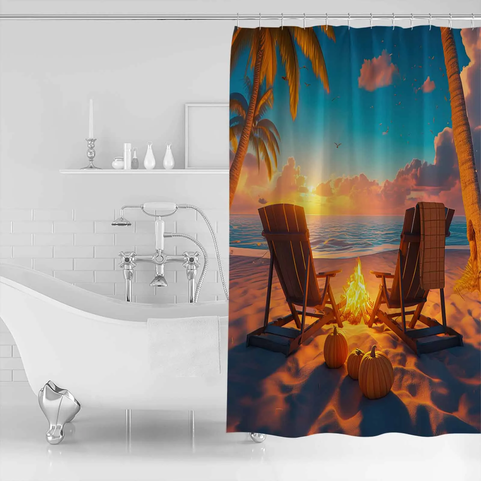 Fall Beach Chair Pumpkin Sunset Shower Curtains Waterproof Bath Curtains Home Decor Modern Luxury Bathroom Curtain